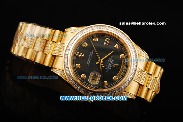 Rolex Day Date II Oyster Perpetual Automatic Movement Full Gold with Diamond Bezel - Diamond Markers and Black MOP Dial - Click Image to Close